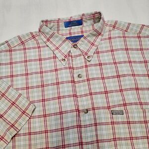 Vintage Pendleton Shirt Mens L Button Short Sleeve Tan Red Plaid Light Cotton‎